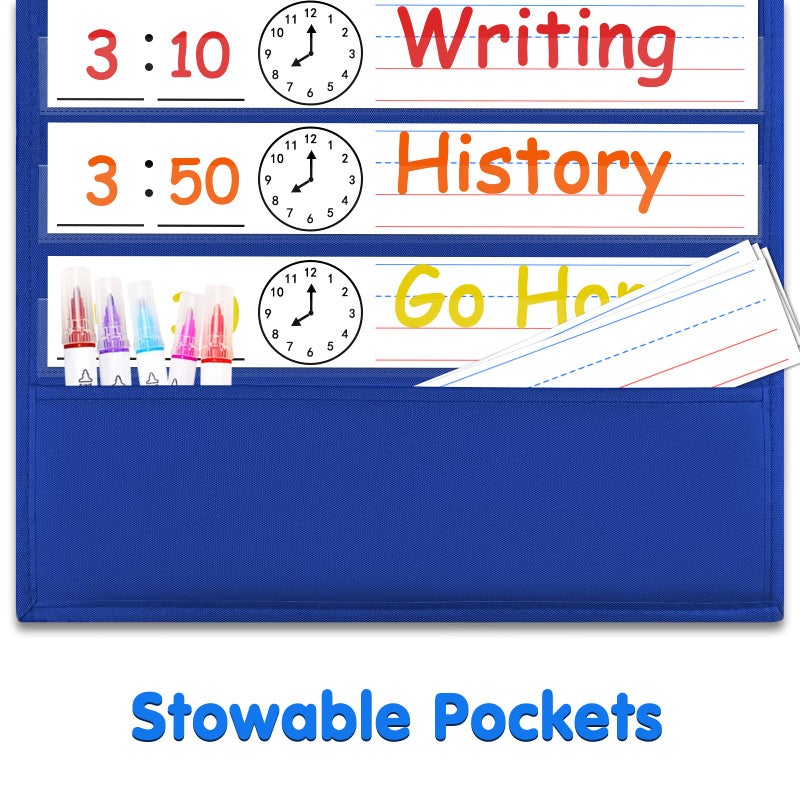 AUVCAS Daily Schedule Pocket Chart, Class Schedule with 13+1 Pockets 18 Dry Eraser Cards 2 Easy Over Door Mountings for Classroom, School, Office or Home (13â€ x 35.5â€) (Blue) - Image 5